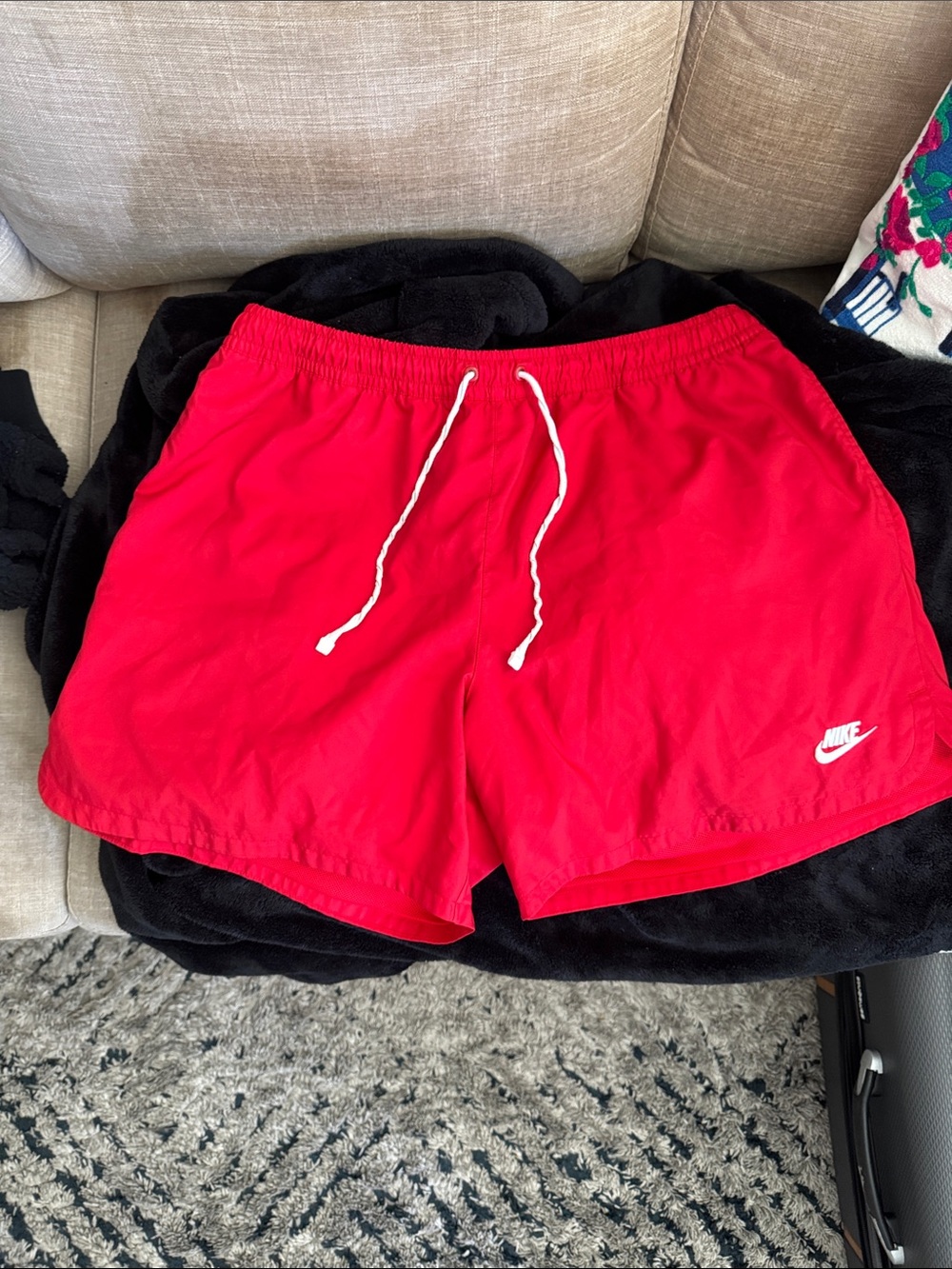 Nike Red Athletic Swim Shorts with White Drawstring